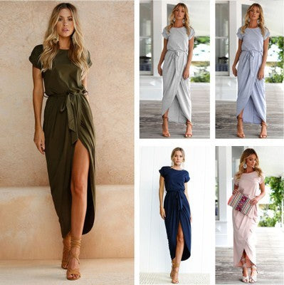 Langes Sommerkleid mit Gürtel & Beinschlitz – Elegant & Luftig